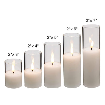 A set of 5 flameless clear glass candles, they are all 2 inches in diameter and 3, 4, 5, 6, 7 inches in height