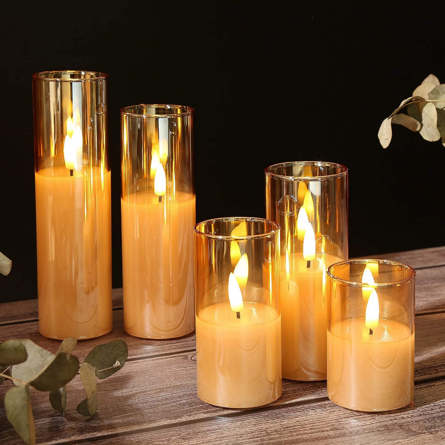 5 Pack Slim Gold Glass Flameless Candles- Batteries Included- Eywamage