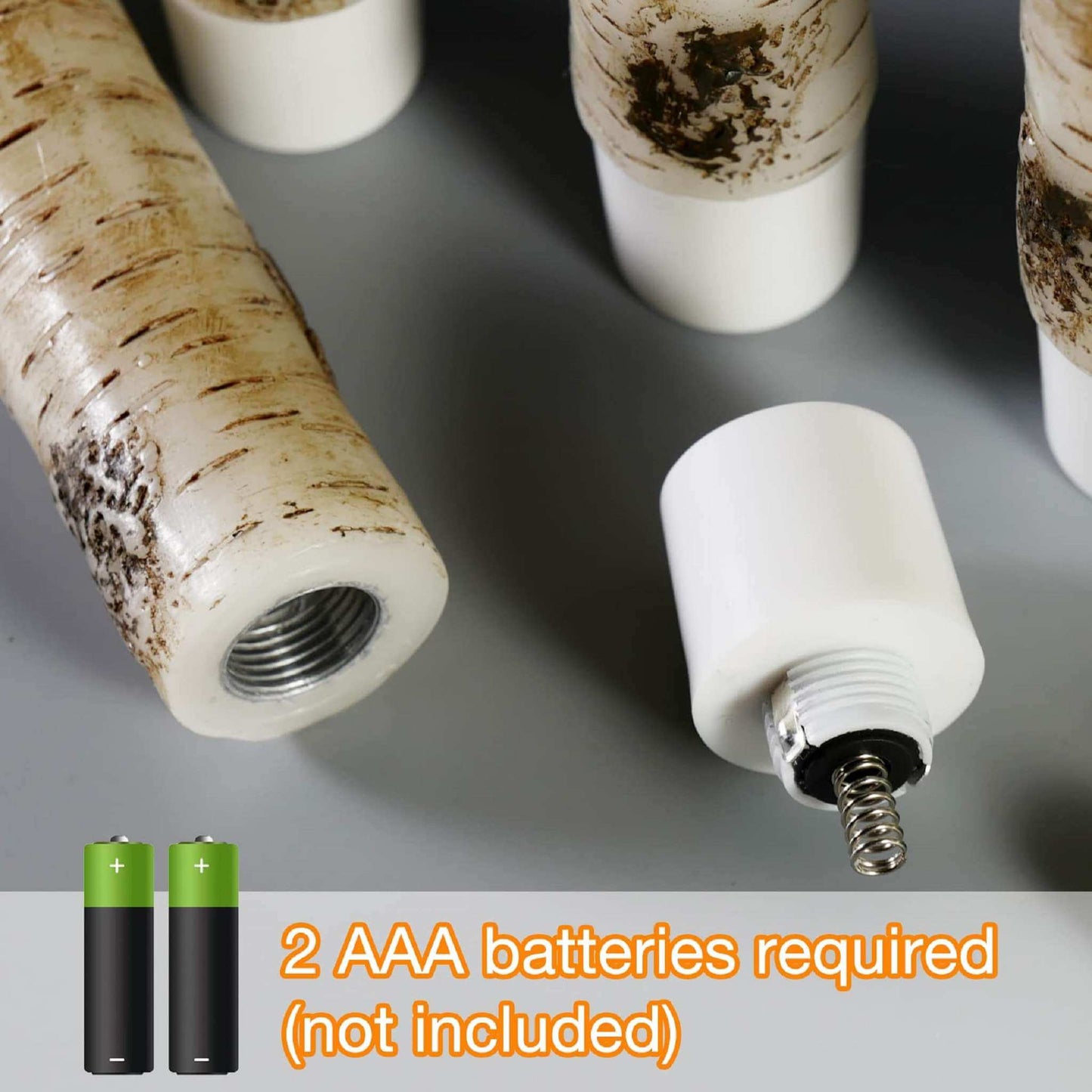 Tapered electric candle with birch pattern, the bottom is opened, need to put 2 AAA batteries