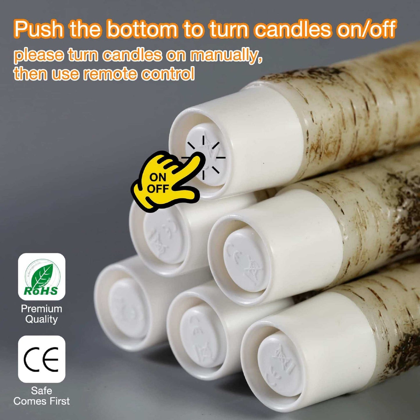 About the use of 6 tapered electronic candles with birch pattern, press the bottom button to activate