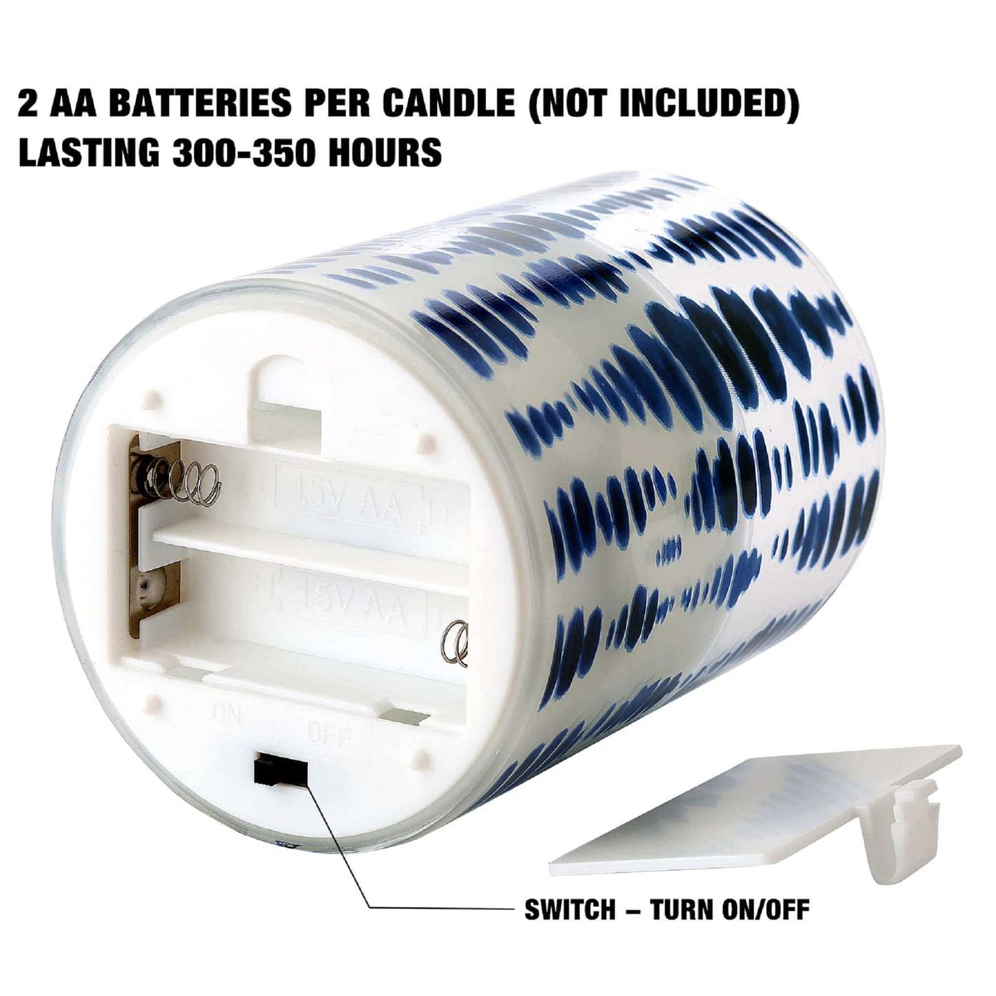 The bottom of one blue dots glass flameless candle is opened, showing that it needs 2 AA batteries, which can light up for 300-350 hours