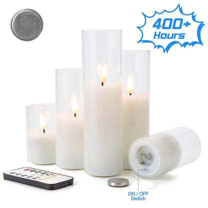 5 flameless transparent glass candles and a remote control, each candle needs a button battery, can light more than 400 hours