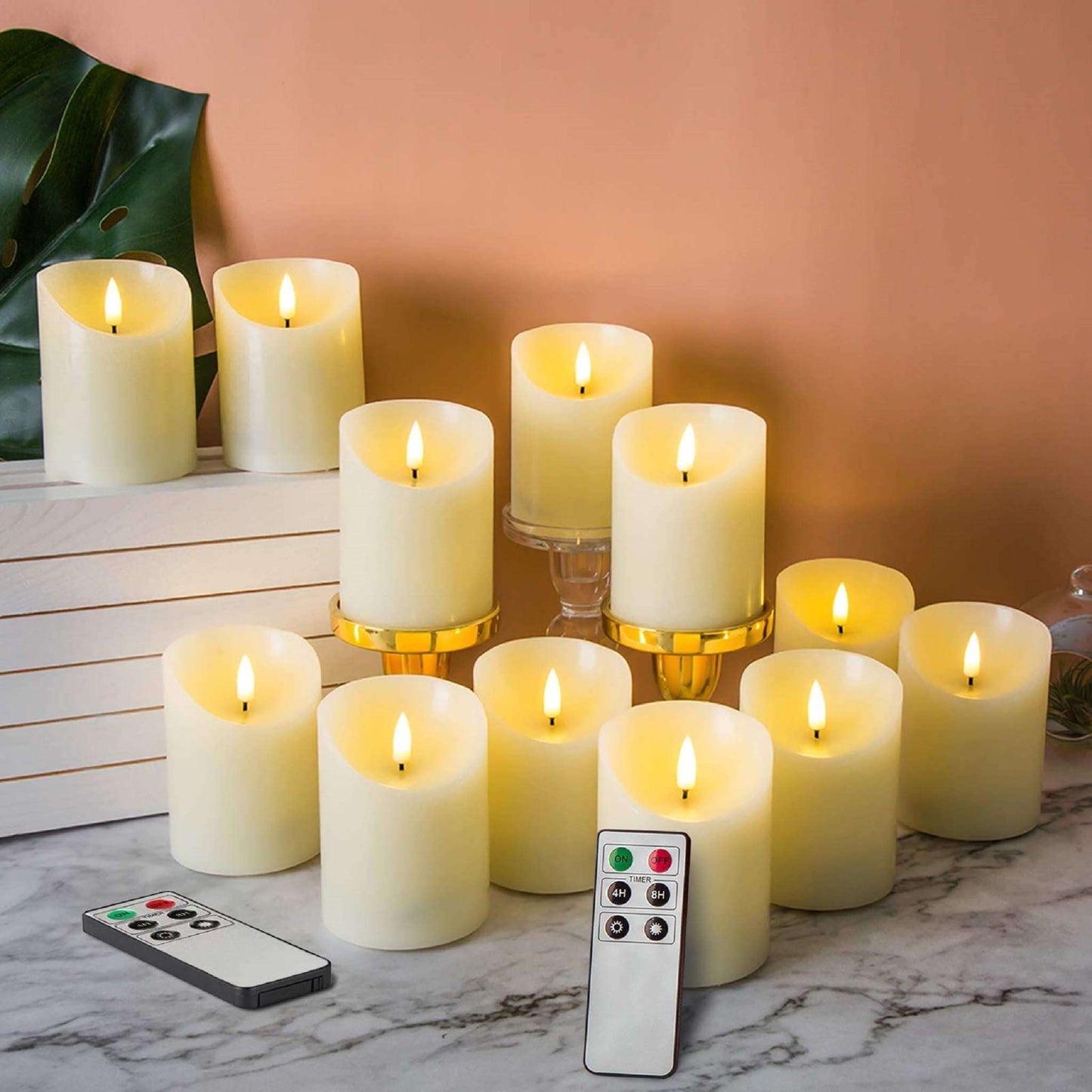 Ivory Flameless Pillar Candles with Remote - Set of 12 - Eywamage