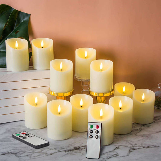 Ivory Flameless Pillar Candles with Remote - Set of 12 - Eywamage
