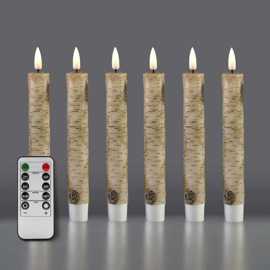 A set of 6 short taper candles with a birch pattern and a remote