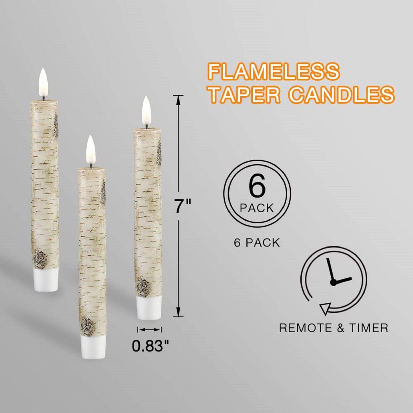 The function and parameter description of 3 birch pattern flameless taper candles, 0.83 inches in diameter and 7 inches in height. Comes in a set of 6 and can be remote controlled and timed