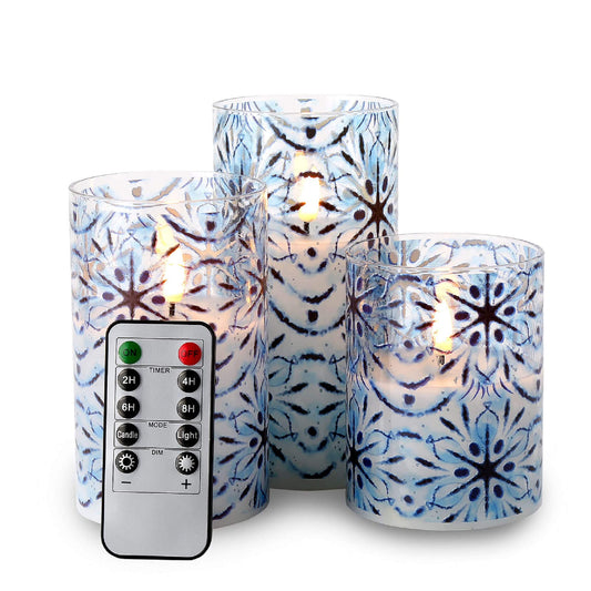 three eywamage blue snowflakes glass flameless candles with a remote