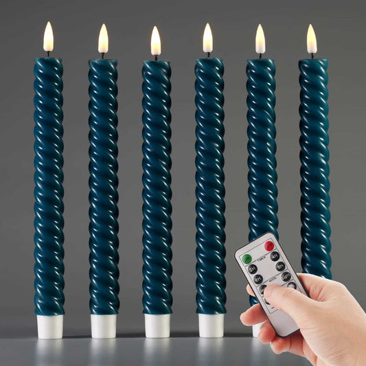 A set of 6 eywamage blue spiral flameless taper candles with a remote