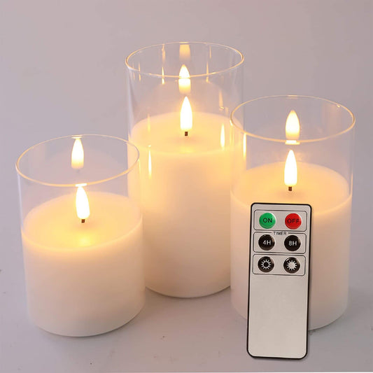 set of 3 eywamage clear glass flameless candles with a remote
