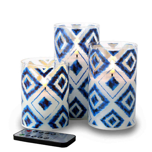 a set of 3 eywamage flickering blue white geometric decorative candles with a remote