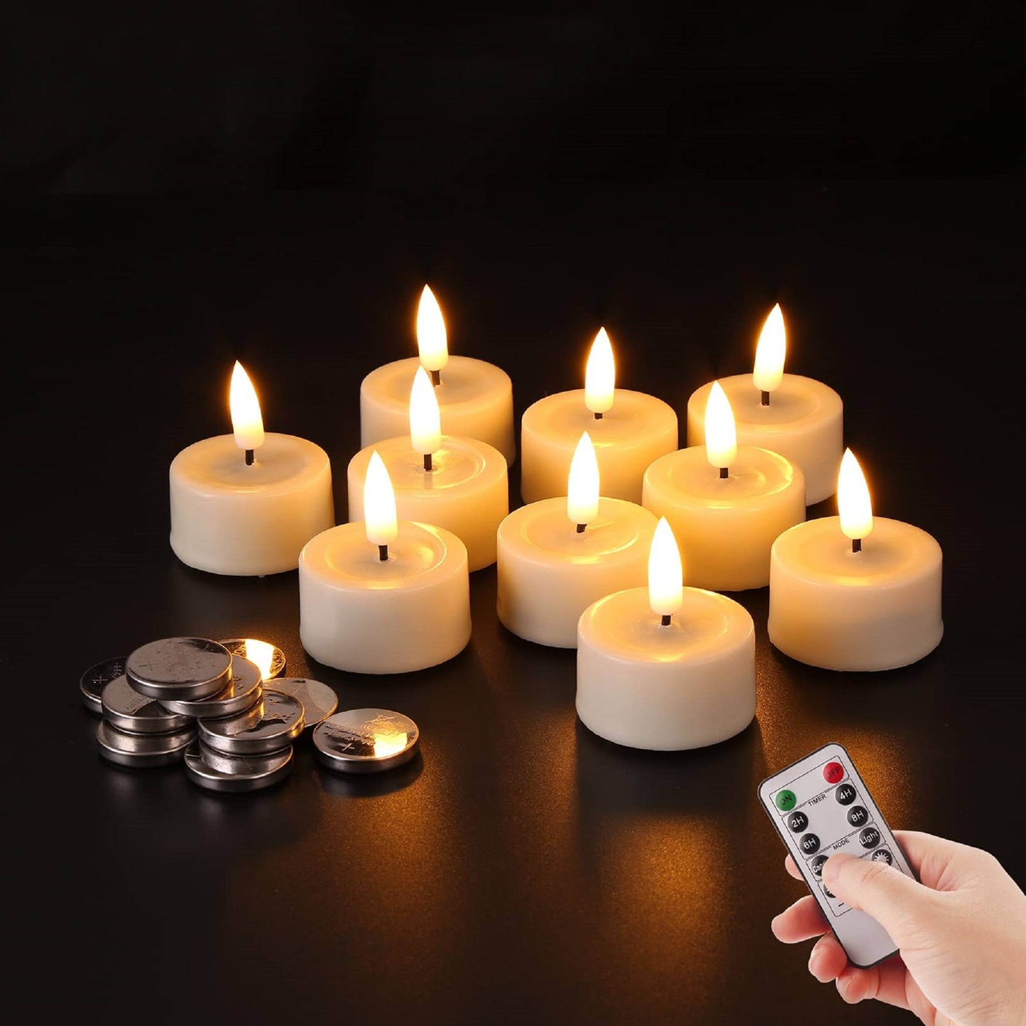 10 eywamage flameless tealights with remote and 10 button batteries