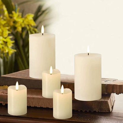 Two wooden boards with 5 Flameless Votive Pillar Candles on a table and a green plant behind