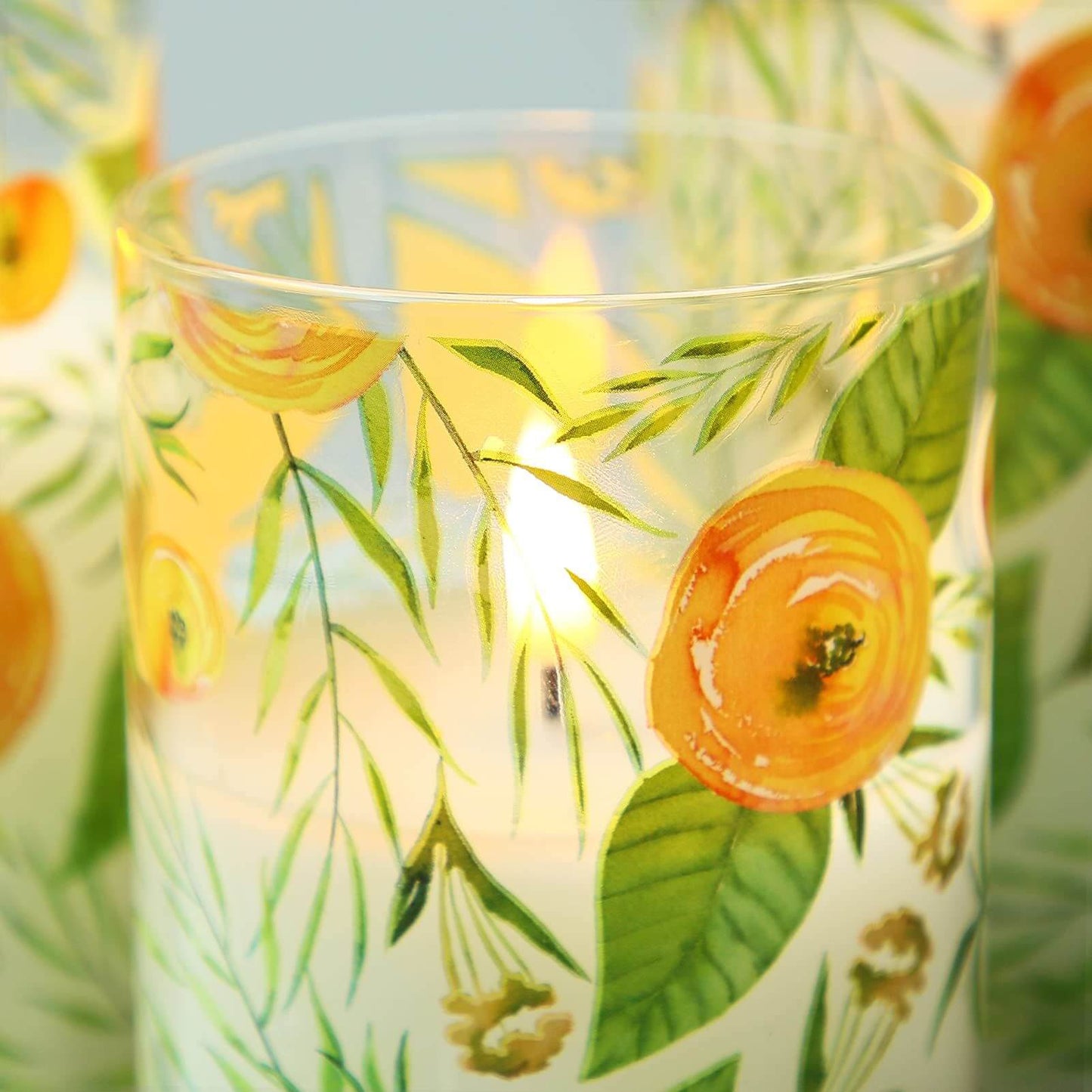 Yellow Floral Glass Flameless Candles with Remote - 3 pack - Eywamage