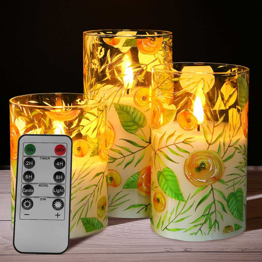 Yellow Floral Glass Flameless Candles with Remote - 3 pack - Eywamage