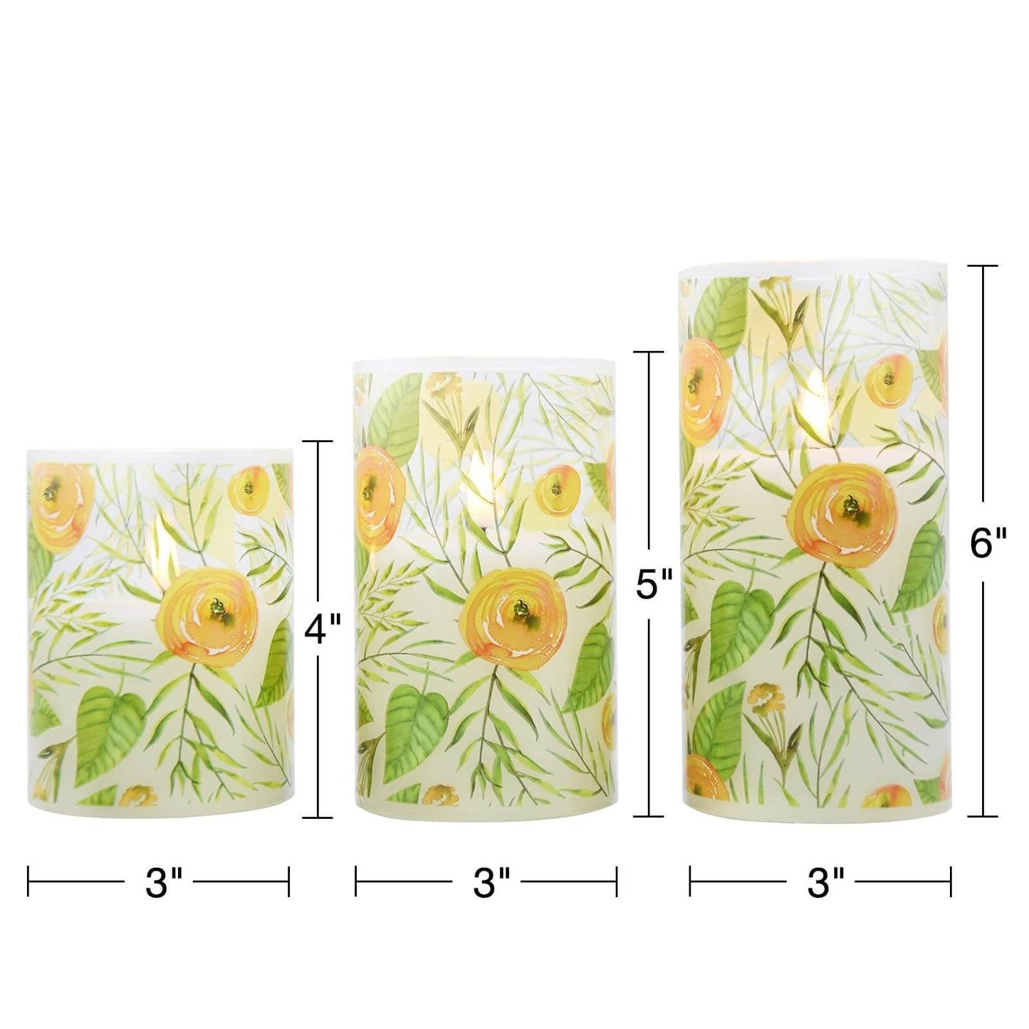 Yellow Floral Glass Flameless Candles with Remote - 3 pack - Eywamage