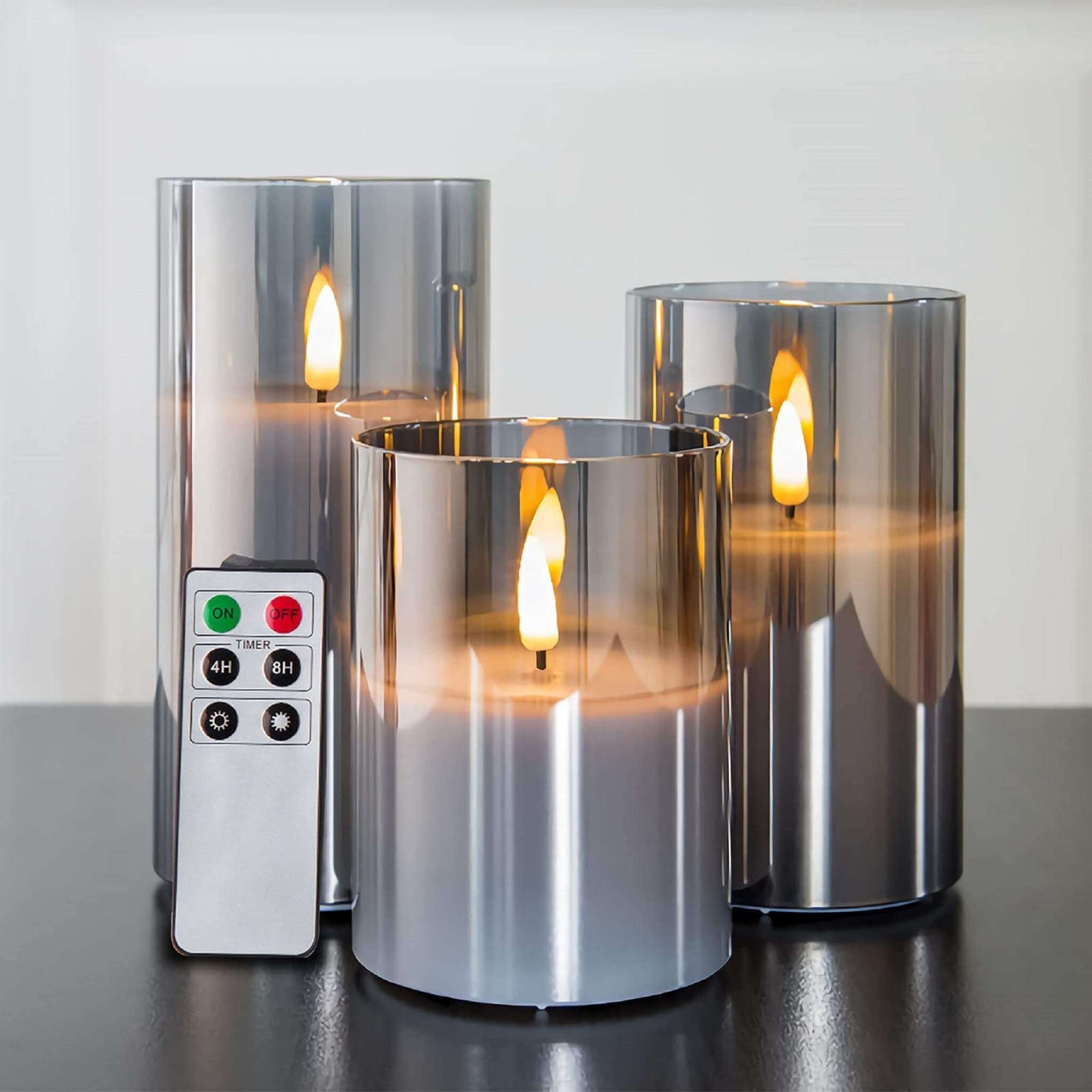 Velas sin llama de vidrio gris Eywamage con control remoto a batería