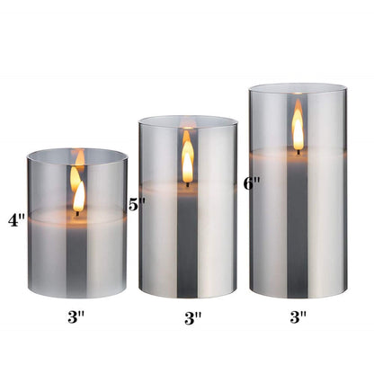 Grey Glass Flameless Pillar Candles with Remote - Set of 3 - Eywamage