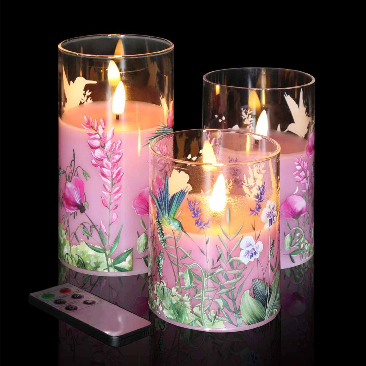 Hummingbird Pink Floral Glass Flameless Candles - 3 Pack - Eywamage