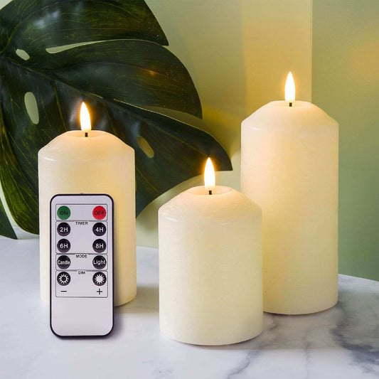 3 Pcs Ivory Flameless Pillar Candles with Remote - Raised Top - Eywamage