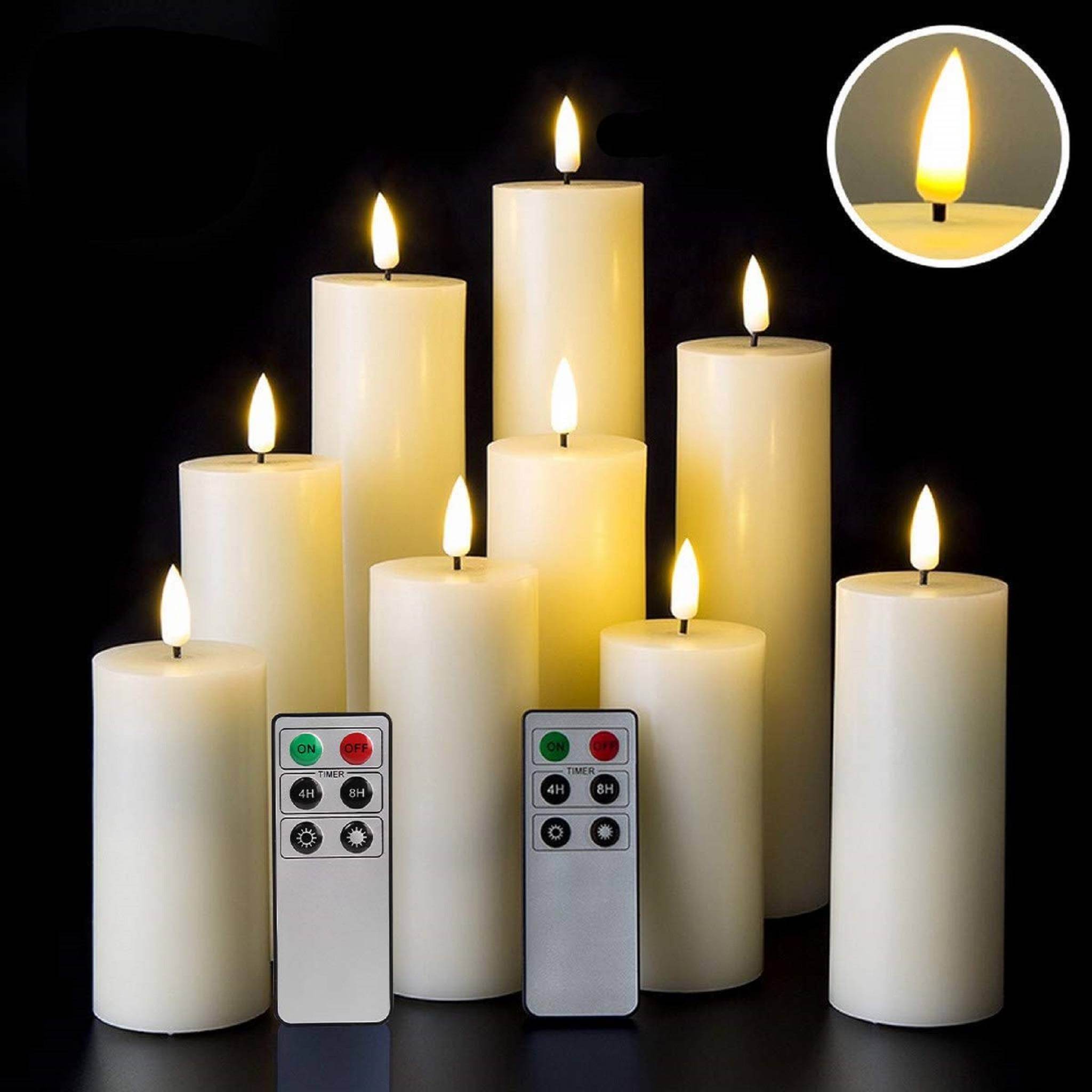 Ivory Slim Flameless Pillar Candles With Remote - 9 Pack - Eywamage 