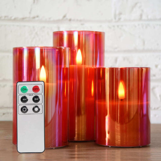 Red Glass Flameless Pillar Candles with Remote - Set of 3 - Eywamage