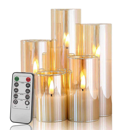 5 Pack Slim Gold Glass Flameless Candles- Batteries Included- Eywamage