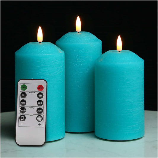 Turquoise Blue Flameless Pillar Candles with Remote - 3 Pack - Eywamage