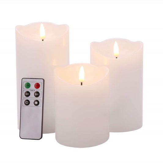 3 Pack White Flameless Pillar Candles with Remote - Melted Top - Eywamage