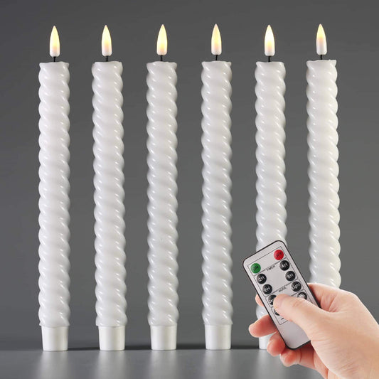 White Spiral LED Taper Candles with Remote Timer - Set of 6 - Eywamage