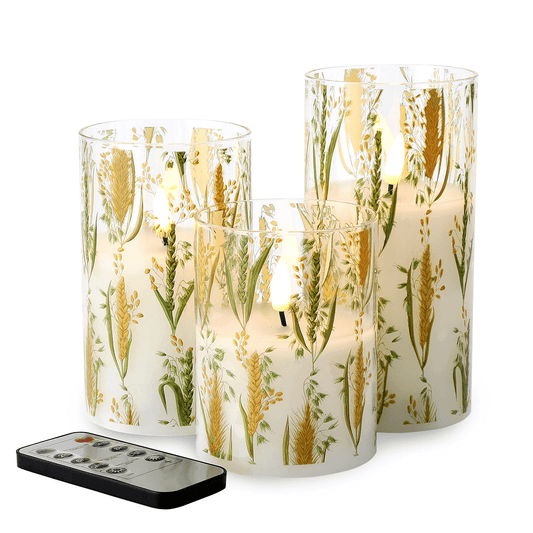 Eywamage Wheat Plants Glass Flameless Candles with Remote