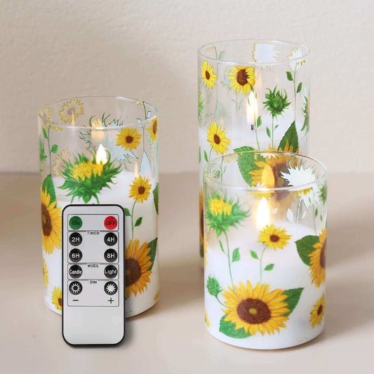 Sunflower Glass Flameless Candles with Remote - Set of 3 - Eywamage