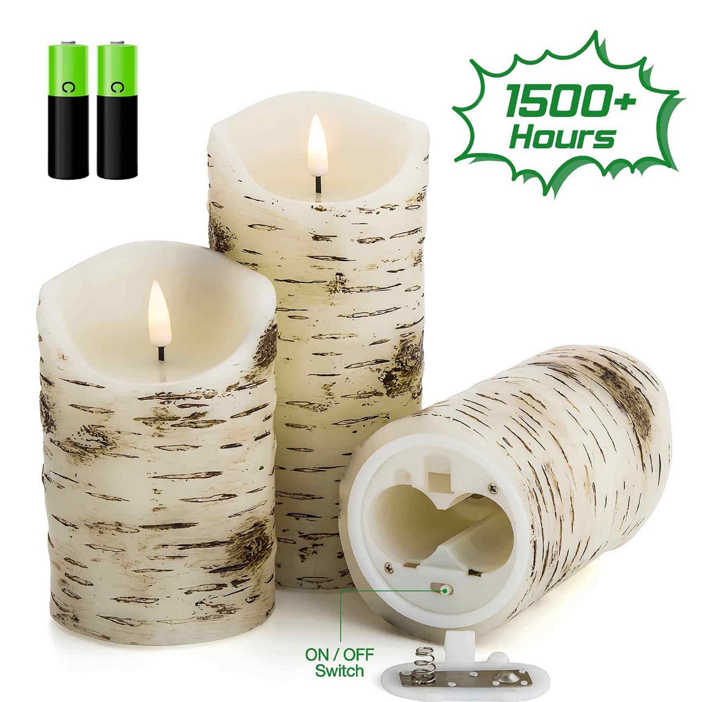 Three melted top birch-patterned pillar candles, one of which with the bottom lid opened reveals that it needs 2 AA batteries and can last up to 1500 hours