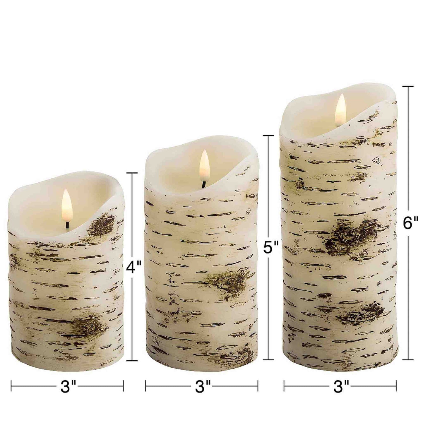 Three melted top birch pattern pillar candles, all 3 inches in diameter and 4, 5, 6 inches in height