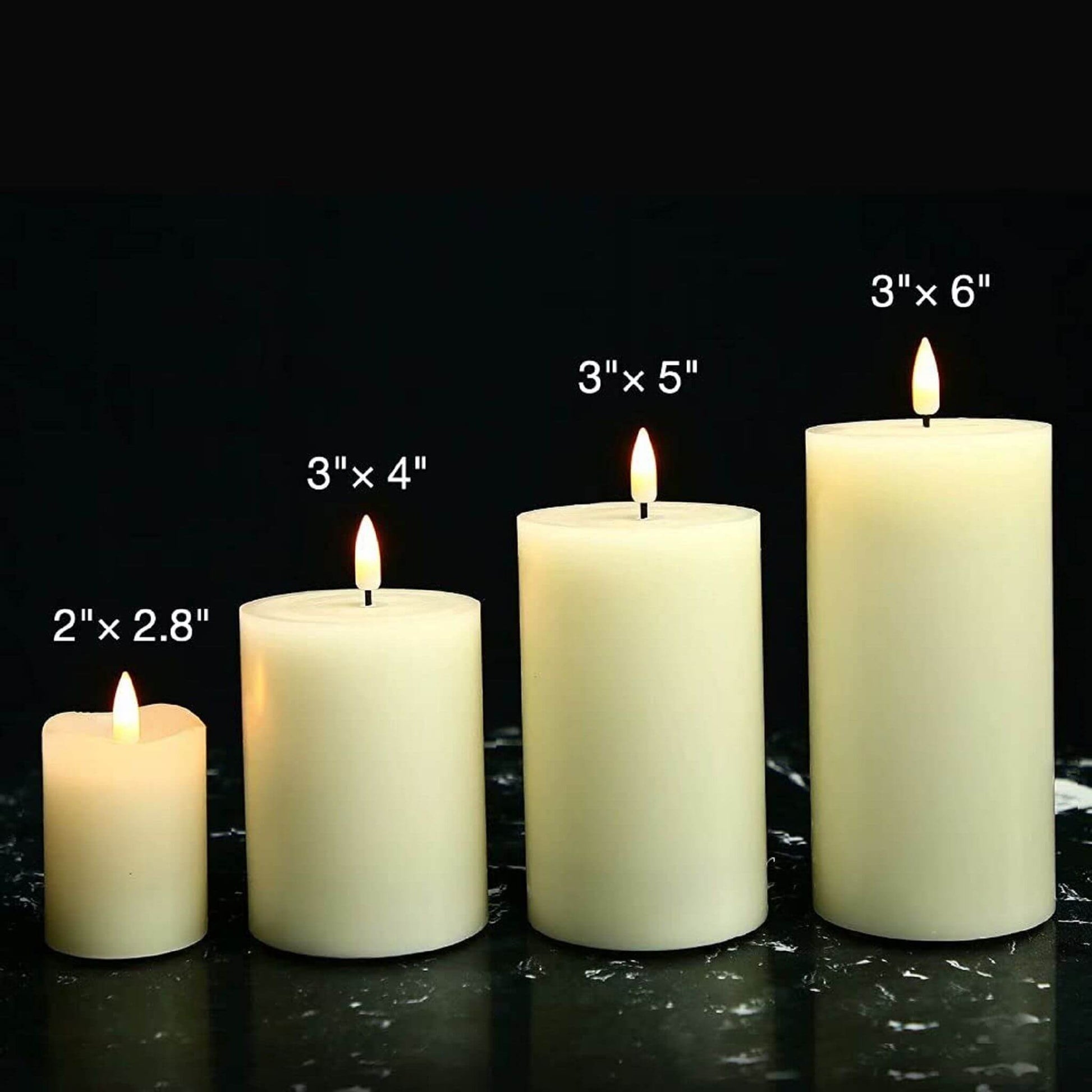 Four eywamage flameless votive pillar candles are placed on the marble table, one of which is 2 inches in diameter and 2.8 inches in height. The other three are 3 inches in diameter and 4, 5, and 6 inches in height
