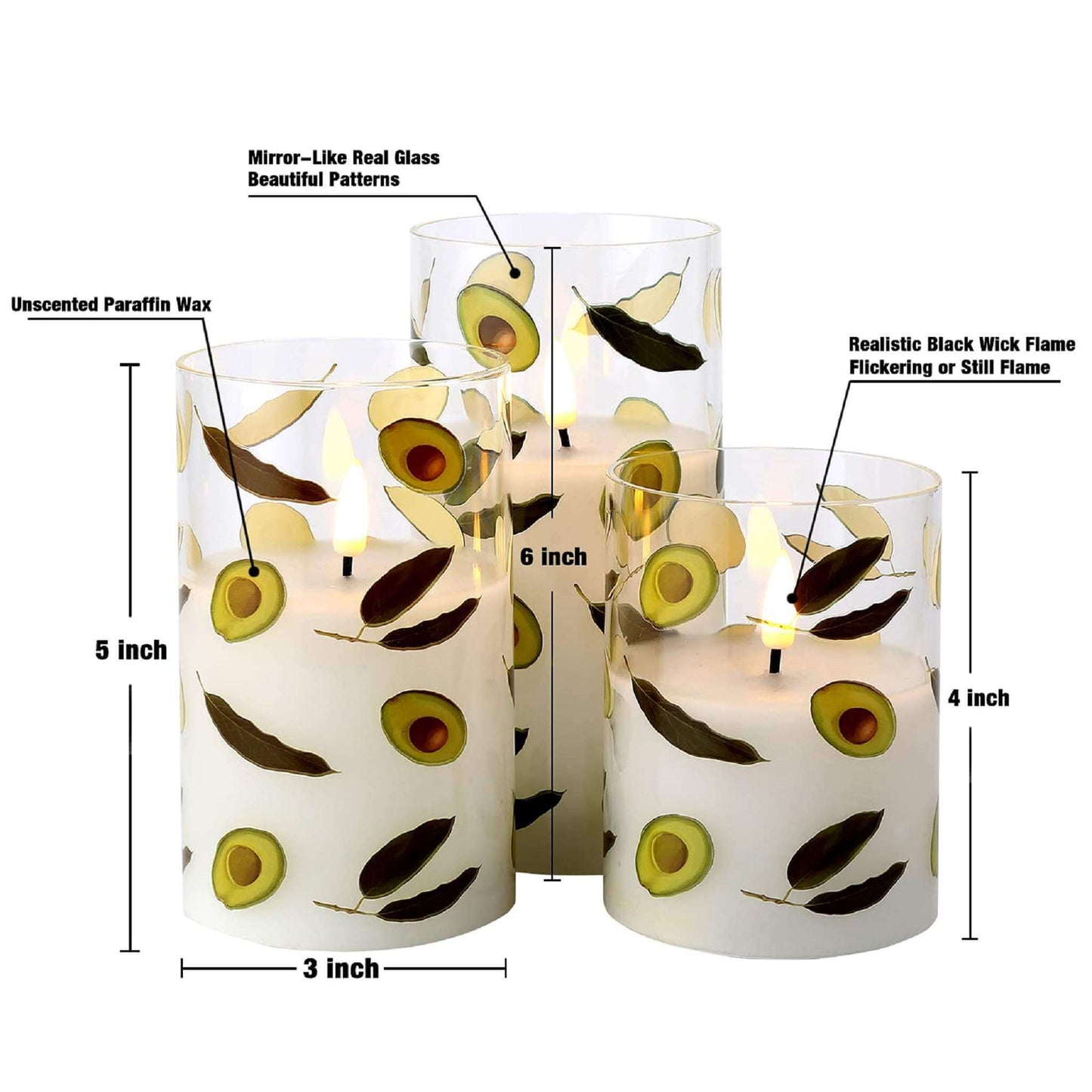 The three candles are 3 inches in diameter, 4, 5, and 6 inches in height and exhibit three advantages: unscented paraffin wax; mirror-like real glass beautiful patterns; realistic black wick flame flicking or still flame