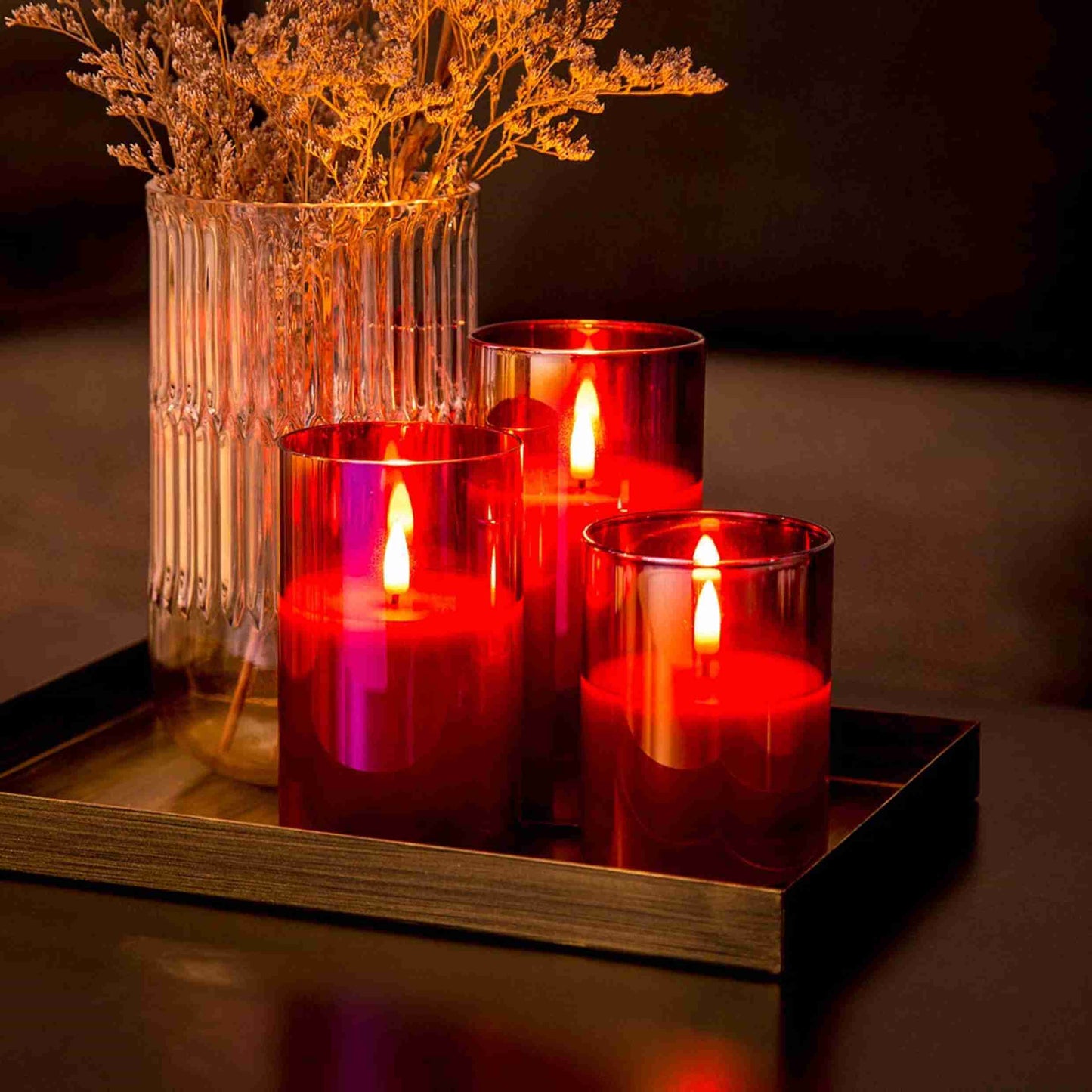 Red Glass Flameless Pillar Candles with Remote - Set of 3 - Eywamage