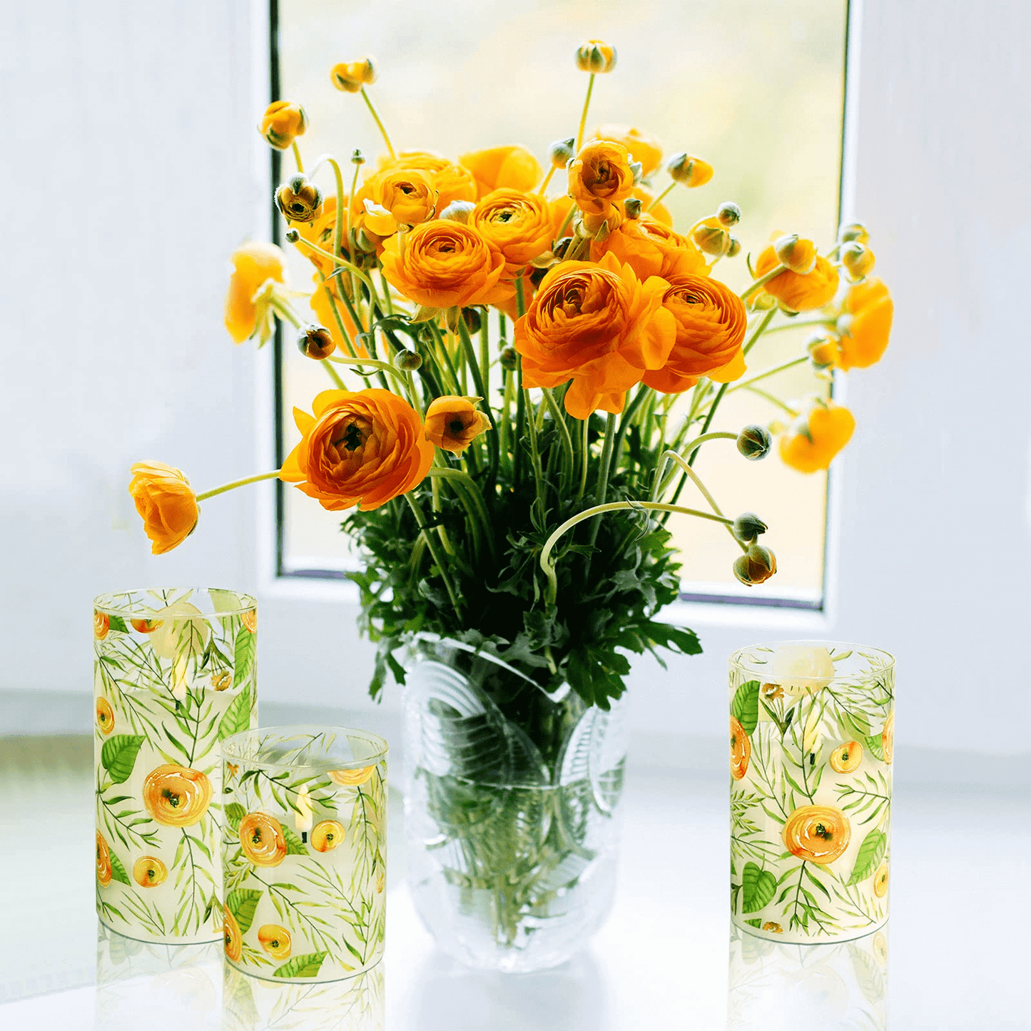 Yellow Floral Glass Flameless Candles with Remote - 3 pack - Eywamage