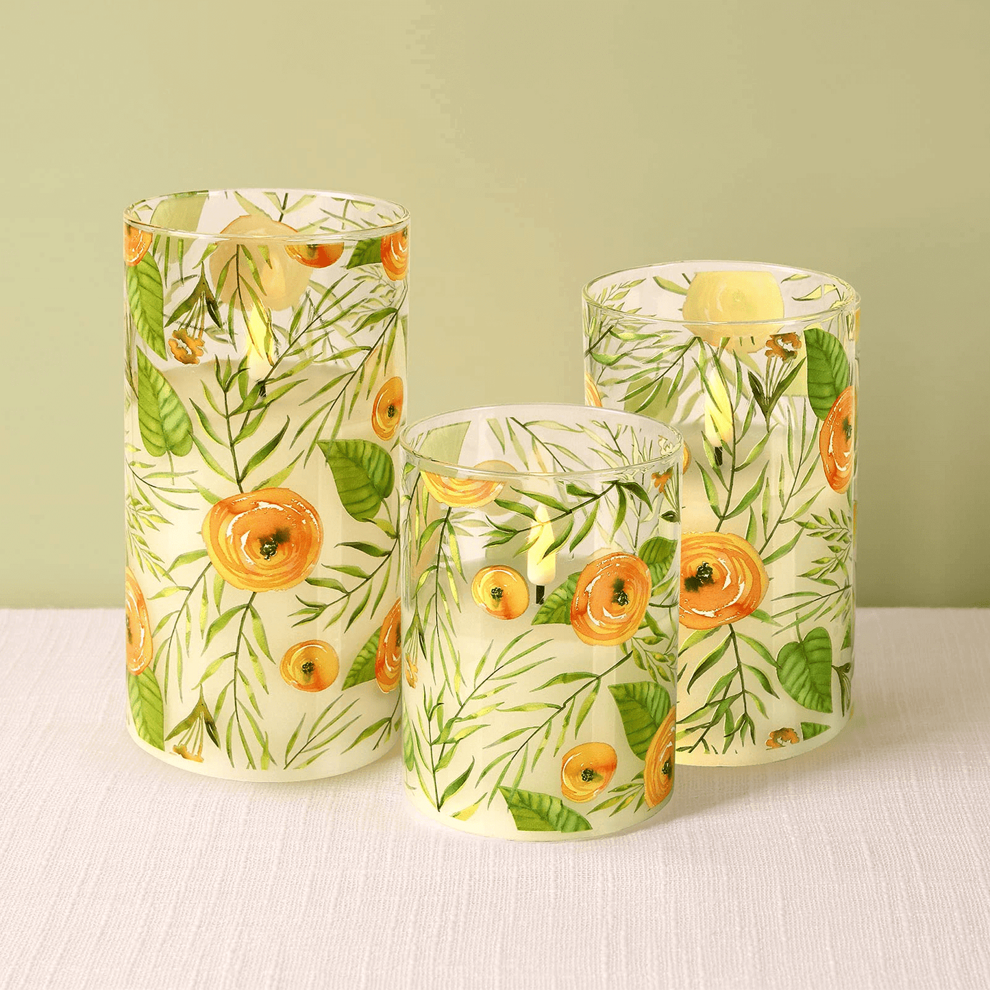 Yellow Floral Glass Flameless Candles with Remote - 3 pack - Eywamage