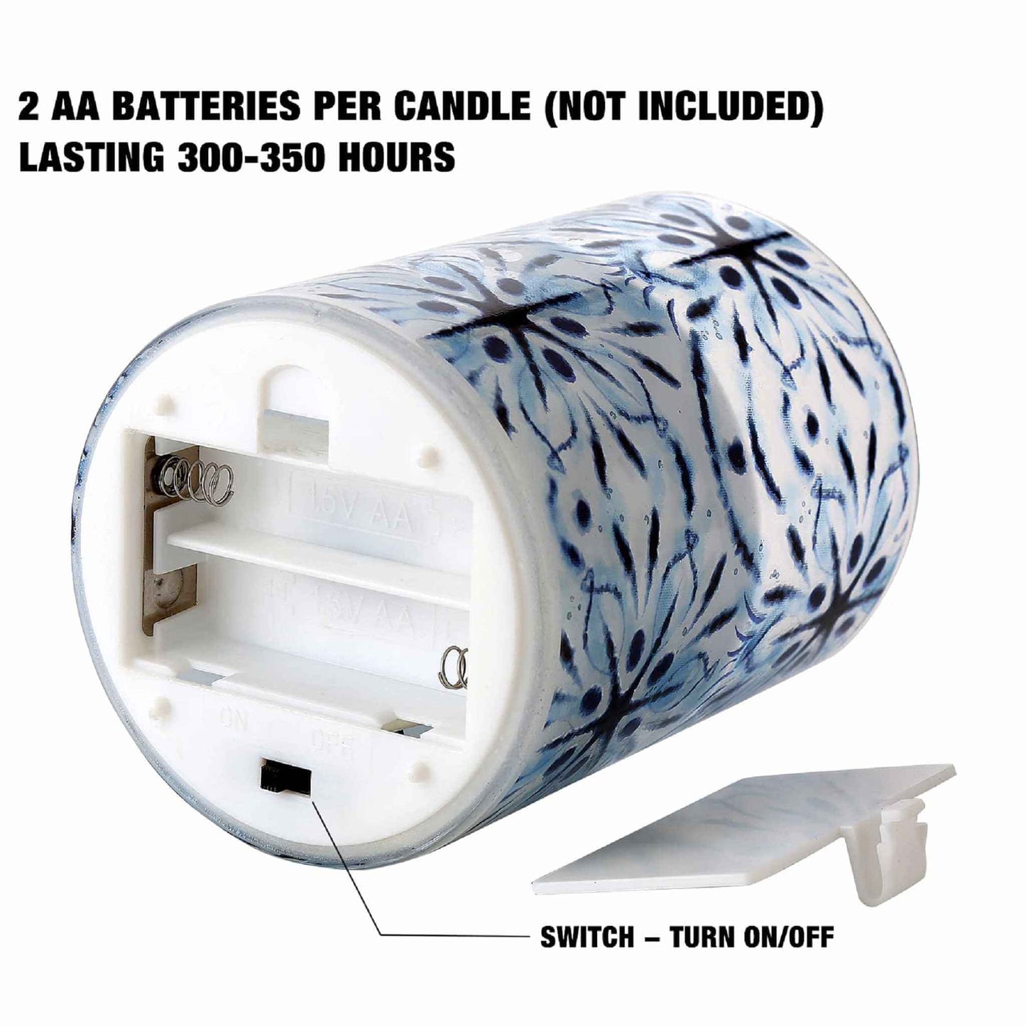The bottom of one blue snowflakes glass flameless candle is opened, showing that it needs 2 AA batteries, which can light up for 300-350 hours