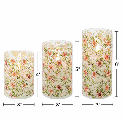 Three eywamage floral glass flameless candles, all 3 inches in diameter and 4, 5, 6 inches in height.