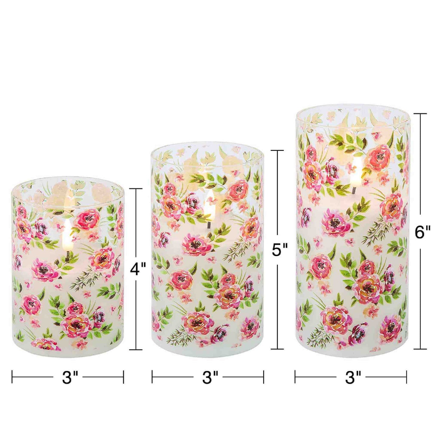Red Floral Glass Flameless Candles with Remote - 3 Pack - Eywamage