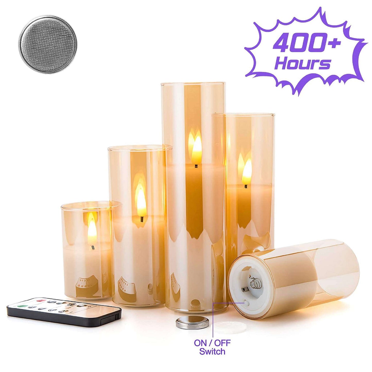 5 Pack Slim Gold Glass Flameless Candles- Batteries Included- Eywamage