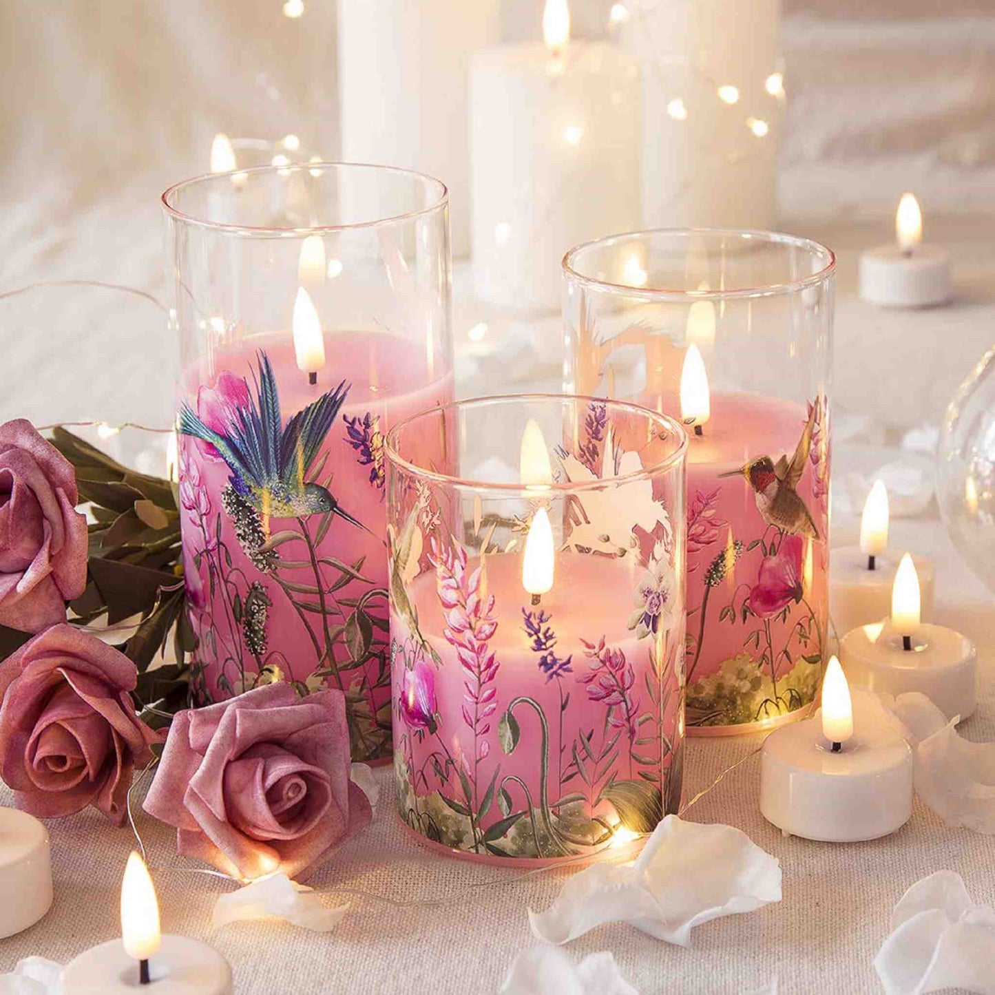 Hummingbird Pink Floral Glass Flameless Candles - 3 Pack - Eywamage