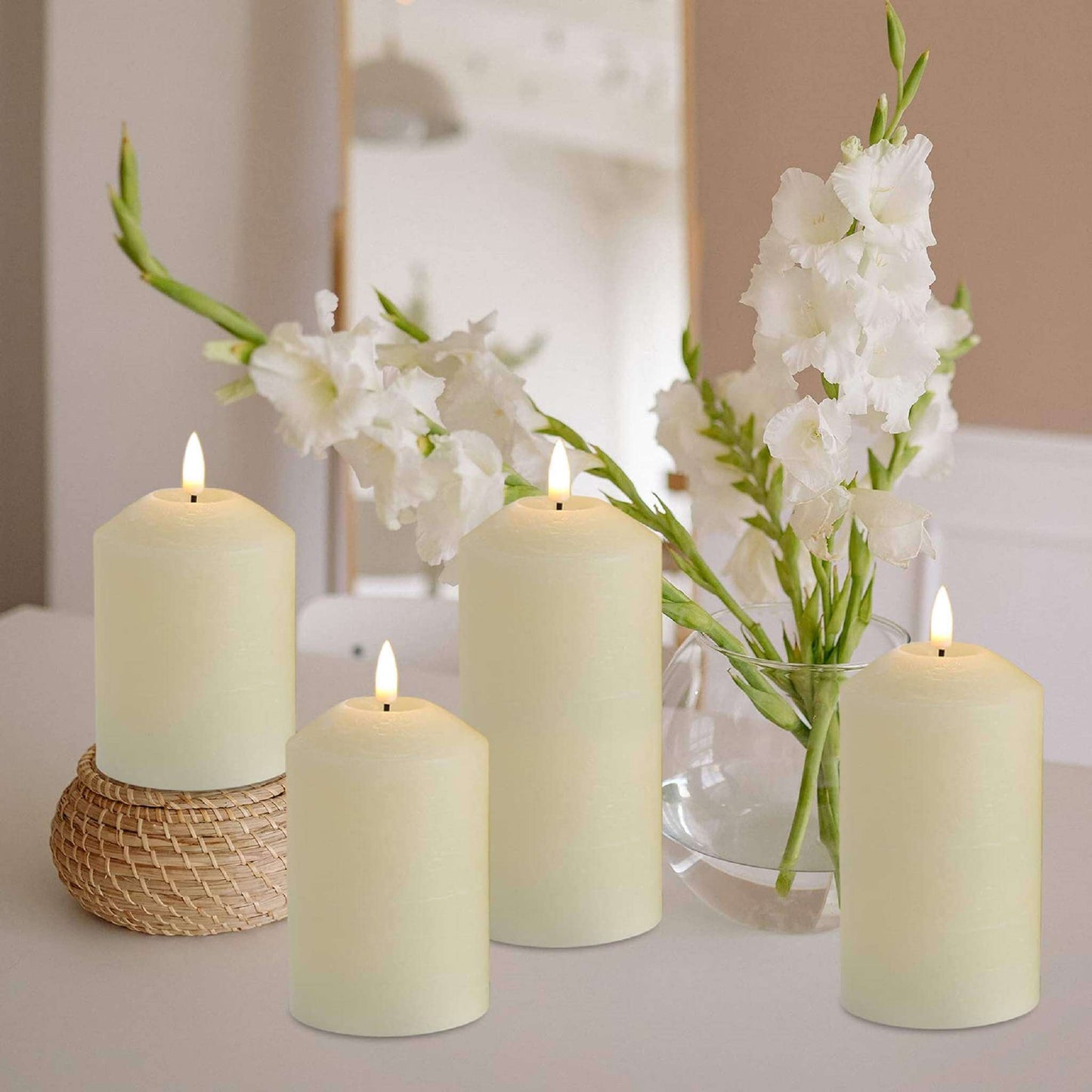 3 Pcs Ivory Flameless Pillar Candles with Remote - Raised Top - Eywamage