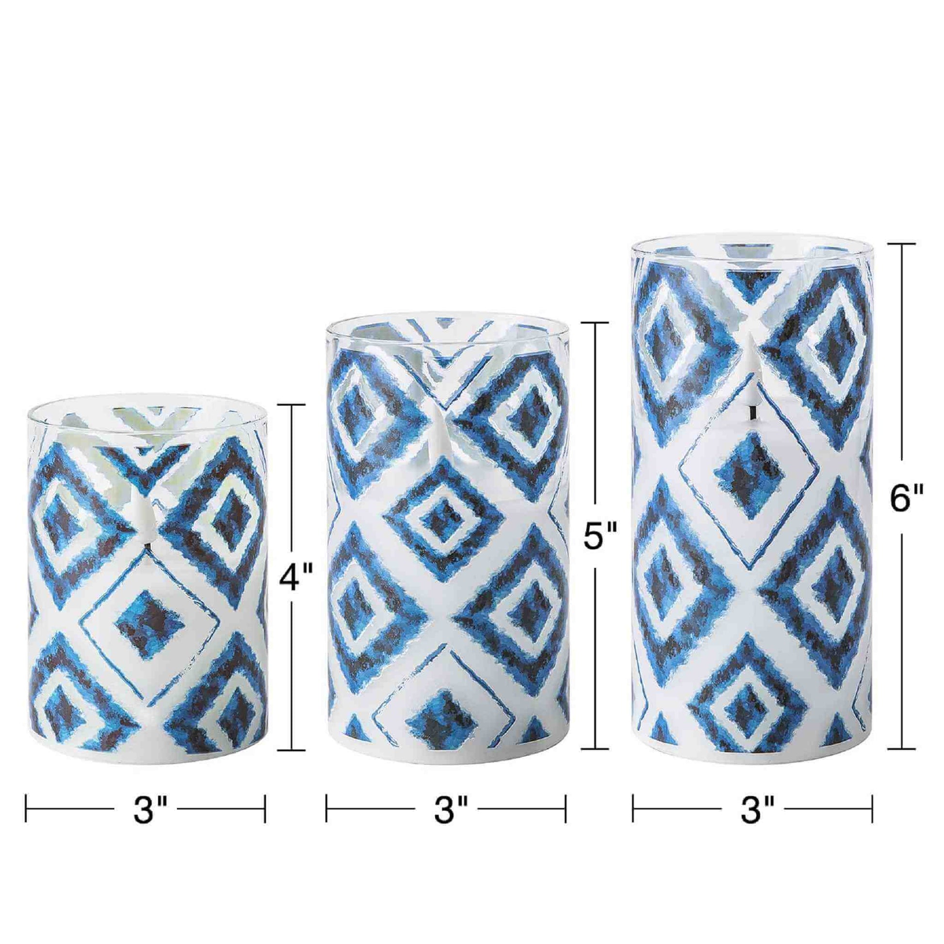 3 lit Flickering Blue White Geometric led candles, all 3 inches in diameter and 4, 5, 6 inches in height
