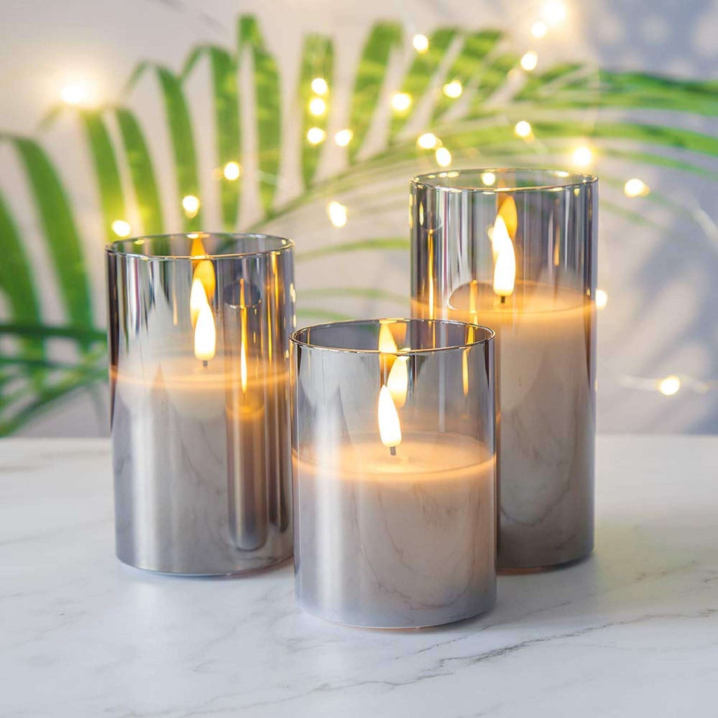 Velas sin llama de vidrio gris Eywamage con control remoto a batería