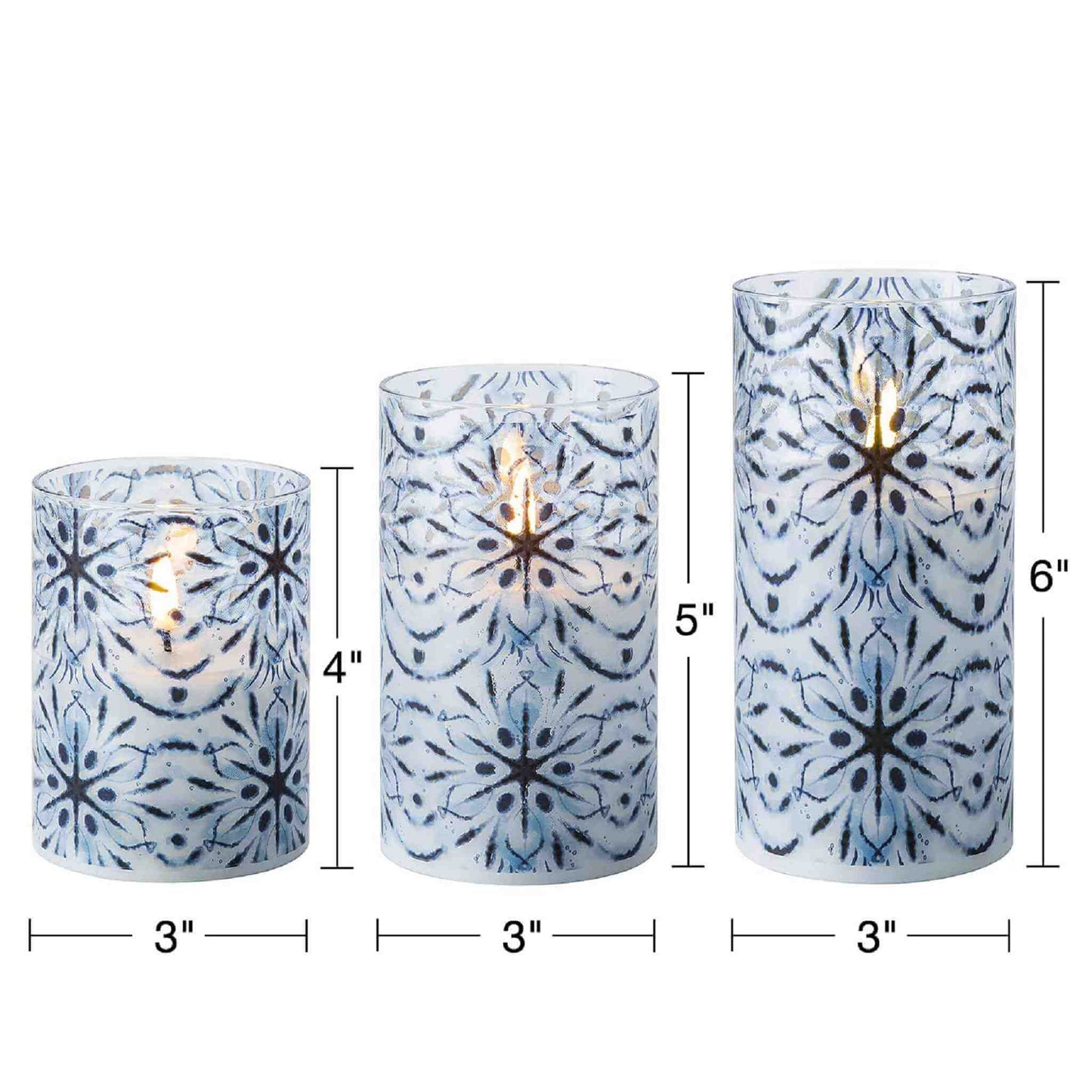 Three blue snowflakes glass flameless candles, all 3 inches in diameter and 4, 5, 6 inches in height
