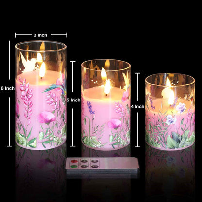 Hummingbird Pink Floral Glass Flameless Candles - 3 Pack - Eywamage