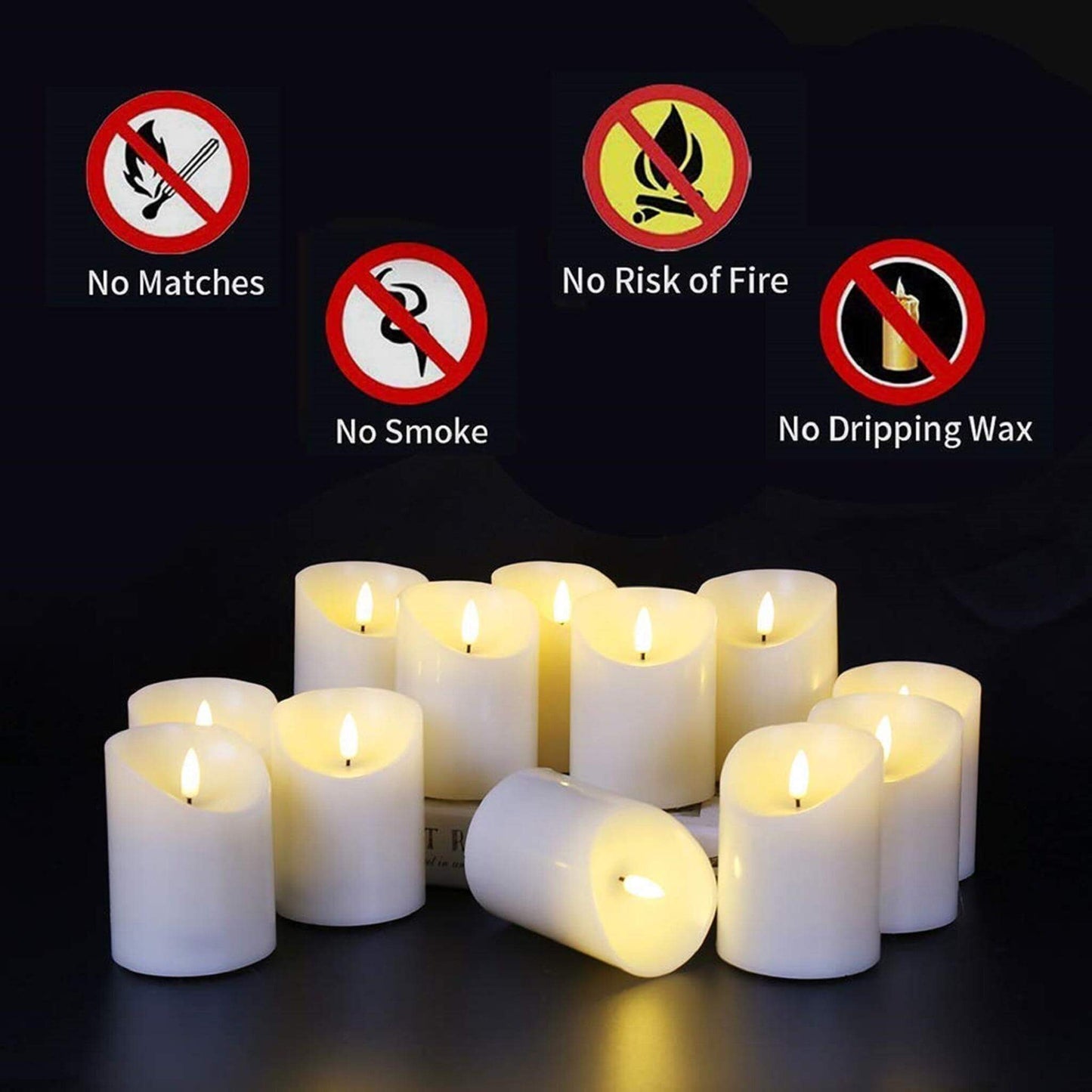 Ivory Flameless Pillar Candles with Remote - Set of 12 - Eywamage