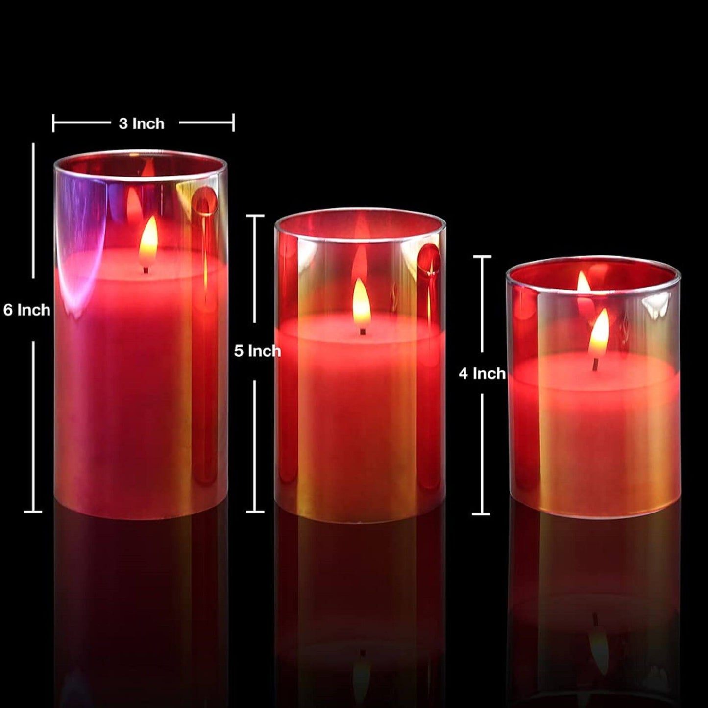 Red Glass Flameless Pillar Candles with Remote - Set of 3 - Eywamage